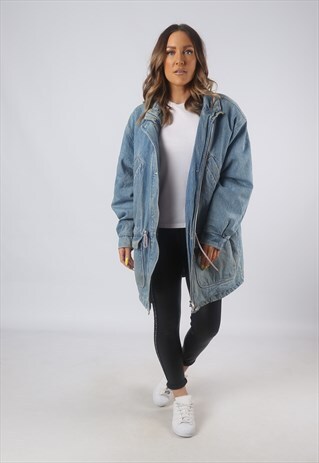 VINTAGE DENIM JACKET LONG OVERSIZED LINED UK 14 LARGE (GB3D)