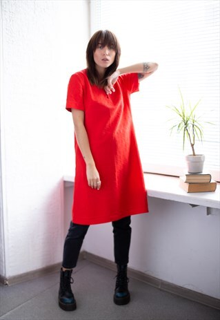 VINTAGE 70'S RED MIDI TEXTURED SHORT SLEEVED DRESS