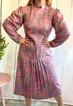 Vintage Thick Pink Floral Patterned Drop Waist 80's Dress