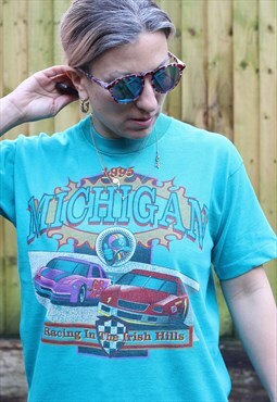 Vintage 1995 Rare Single stitch aqua racing graphic t shirt