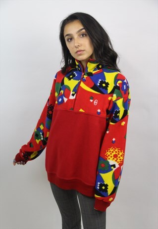 VINTAGE 90'S RED PATTERNED FLEECE JUMPER