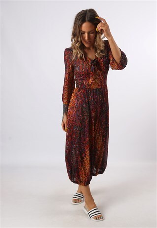 JUMPSUIT PRINT PATTERNED WIDE CROPPED LEG VINTAGE UK 8 (G3Q)