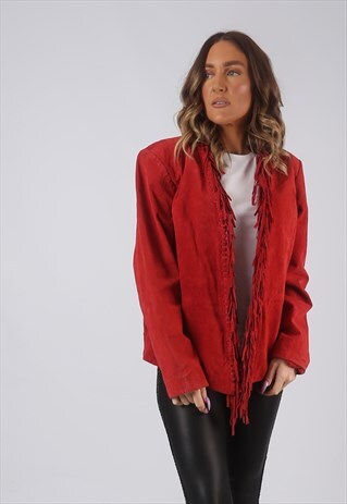 SUEDE LEATHER FRINGE TASSEL JACKET COLOURED UK 12 (CWCI)