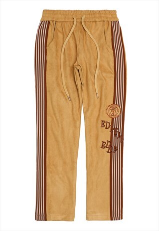 VELOUR JOGGERS VELVET FEEL PATCHED TRACK PANTS IN CREAM 
