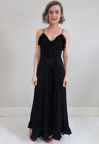 VINTAGE 70'S BLACK STRAP RUFFLE MAXI DRESS