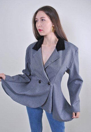 80S VINTAGE GRAY EVENING BLAZER WITH BLACK COLLAR, SIZE L