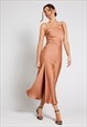 MILA ASYMMETRIC COWL NECK SATIN SLIP DRESS - ALMOND