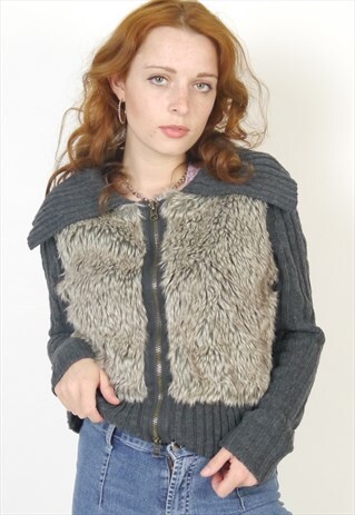 VINTAGE GREY COLLAR ZIP UP CROPPED FAUX FUR CARDIGAN JUMPER