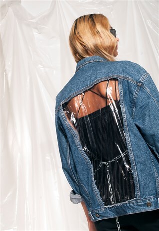 VINTAGE DIESEL DENIM JACKET REWORKED UNISEX PVC OPEN BACK