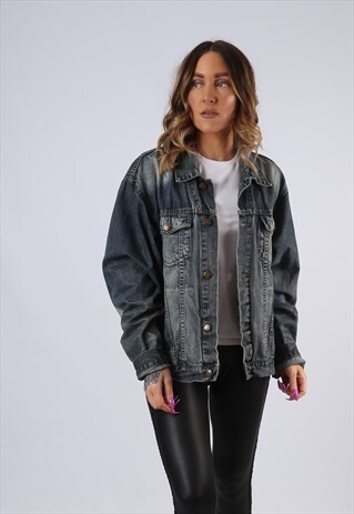 VINTAGE DENIM JACKET OVERSIZED FITTED UK 14 LARGE BLUE (A3X)