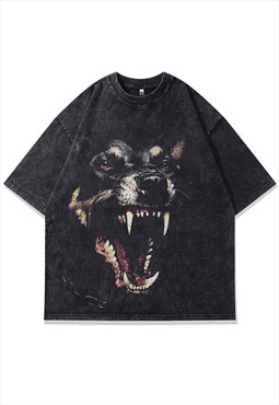 Fang print t-shirt angry dog tee grunge metalcore top grey