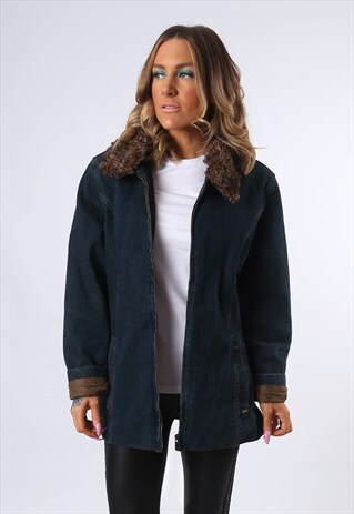 DENIM JACKET FAUX FUR LINED LONG OVERSIZED FITTED UK 14 A43Q