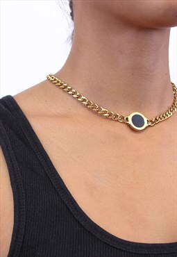 Circular Pendant 18k Gold Link Choker Necklace 