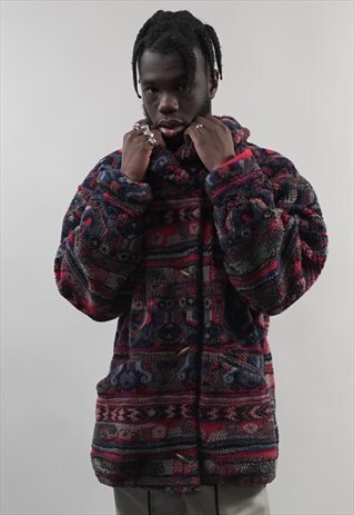 VINTAGE 80'S MULTICOLOUR PATTERN BUTTON-UP FLEECE JACKET