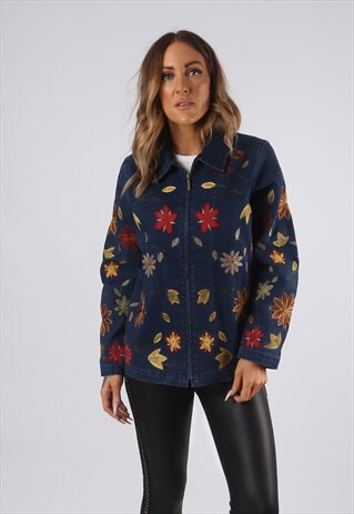 VINTAGE DENIM JACKET FLORAL EMBROIDERED UK 10 SMALL (JQDG)