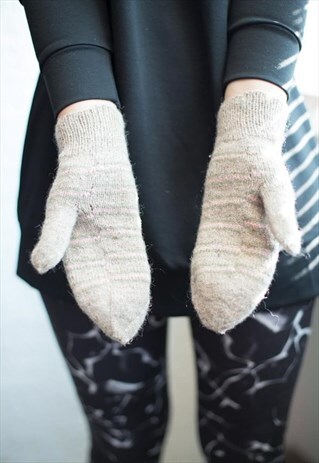 BROWN STRIPED HANDMADE KNITTED WOOL GLOVES