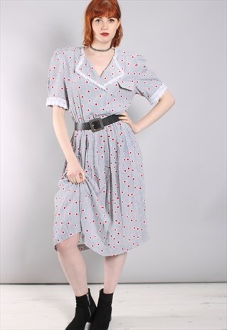 VINTAGE 80S SPOTTY LACE TRIM PUFF SLEEVE MIDI DRESS
