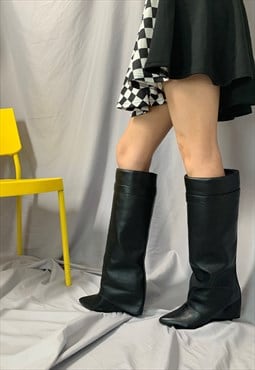 Knee High Boots Wedge Heel Pointed Toe Fold Over Boots