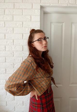 90S GRUNGE TARTAN TIE UP AUTUMN FESTIVAL GOLD SHIRT TOP