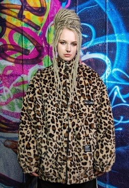 Leopard fleece jacket in brown animal print fluffy bomber
