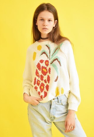 80'S PINEAPPLE PATTERN BEADED OVERSIZED KNIT JUMPER TOP