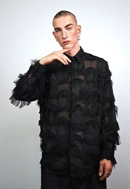 Sheer fluffy shirt black transparent shaggy top party blouse