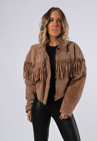 SUEDE LEATHER FRINGE TASSEL JACKET VINTAGE UK 12 (NCI)
