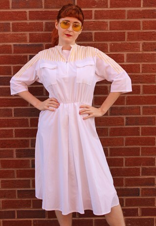 VINTAGE 80S WHITE YELLOW STRIPED MIDI SKATER SUMMER DRESS
