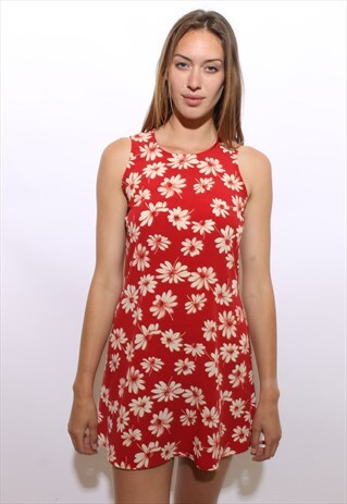 VINTAGE 1990'S 90'S RED & WHITE DAISY PRINT MINI DRESS M-L