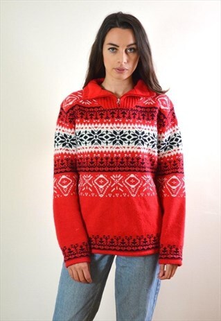 90S VINTAGE RED NORDIC PATTERN 1/4 ZIP KNIT JUMPER
