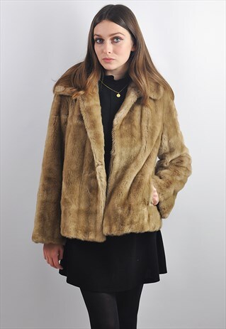 VINTAGE LIGHT BROWN BLONDE CROP FAUX FUR JACKET