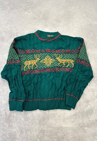 VINTAGE KNITTED JUMPER ABSTRACT REINDEER PATTERNED KNIT