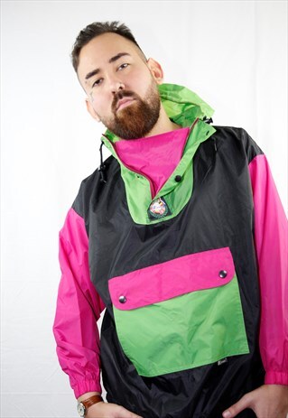 80'S VINTAGE NEON COLOR BLOCK HOODED WINDBREAKER