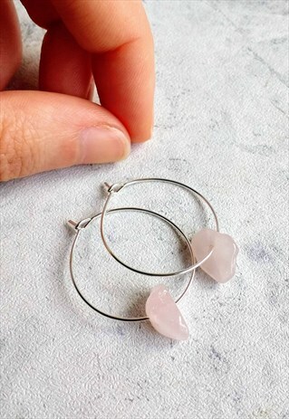 MINI ROSE QUARTZ GEM STONE HOOP EARRINGS
