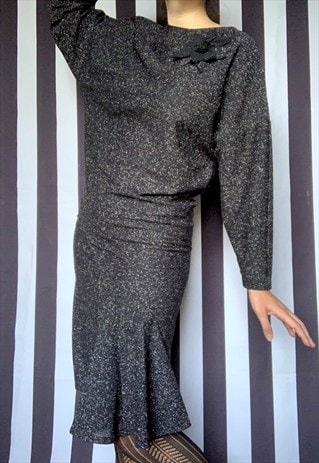 Vintage 80s Black Silver Glitter Disco Midi Dress, uk14/16