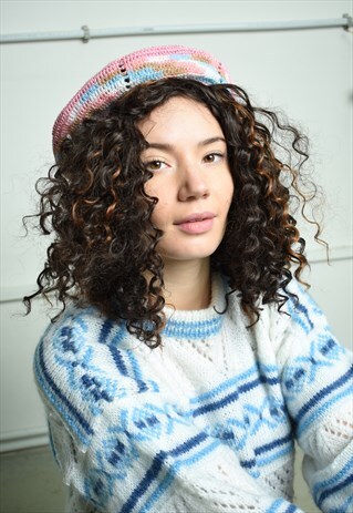 VINTAGE 80S RETRO CROCHET KNIT PSYCHEDELIA RAINBOW BERET HAT