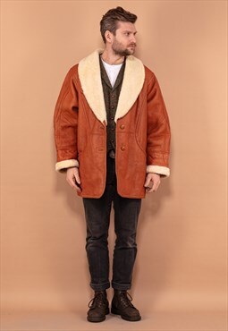 Vintage 80's Men Shearling Leather Coat in Brown