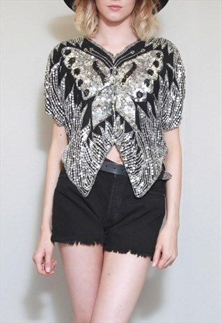 VINTAGE 1980'S BLACK AND SILVER SEQUIN BUTTERFLY TOP