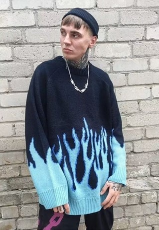 FLAME SWEATER OVERSIZE KNITTED FIRE JUMPER KOREAN TOP BLUE