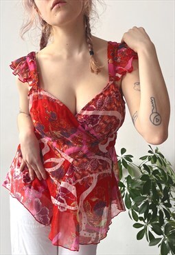 Vintage Y2K Summer Red Abstract Print Boho Mesh Tunic Top
