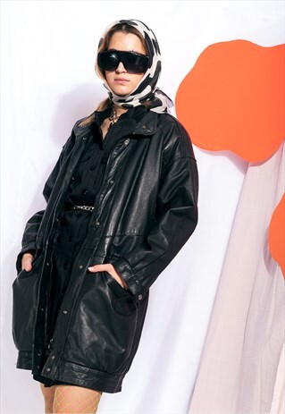 VINTAGE LEATHER JACKET 90S GRUNGE BLACK PARKA COAT