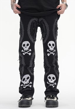 Gothic jeans distressed grunge skeleton denim pants in black