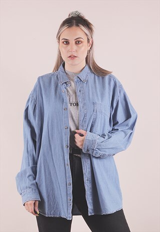 VINTAGE WRANGLER 90S GRUNGE BLUE DENIM SHIRT /A035