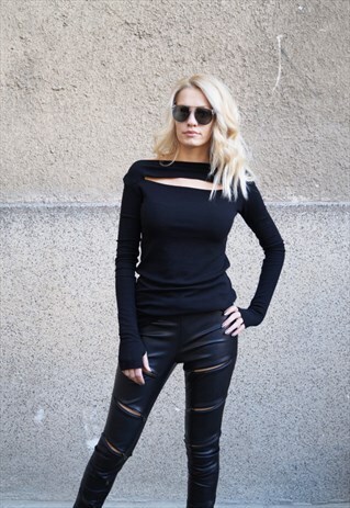 BLACK BLOUSE LONG SLEEVE TUNIC OFF SHOULDER TOP F1648