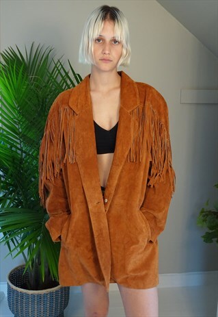 TAN SUEDE TASSEL 70'S LONG LINE JACKET
