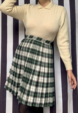 Vintage 80s green white plaid tartan pleated skirt, uk12/14
