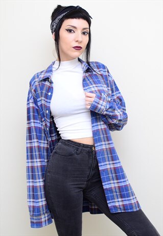 VINTAGE 90'S CHECKED BLUE COTTON OVERSIZED SHIRT