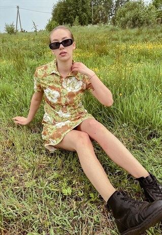 VINTAGE 60S GREEN&BROWN FLORAL HALF BUTTON SECRETARY DRESS S