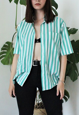 VINTAGE COTTON OVERSIZED GREEN AND WHITE STRIPE SHIRT