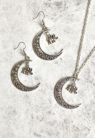 Crescent Moon Elephant Necklace & Earring Set